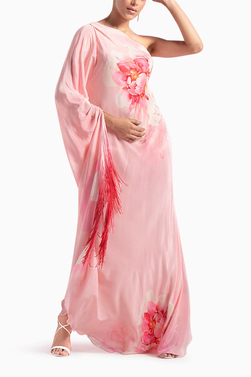 Pink Crepe Kimono Sleeve Asymmetrical Dress