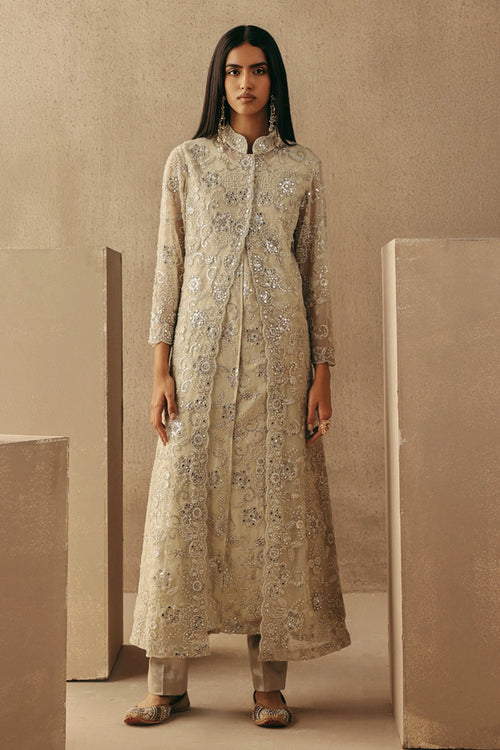 Natural Mirrorwork Layered Dress Jacket with Brocade Cigarette Pants