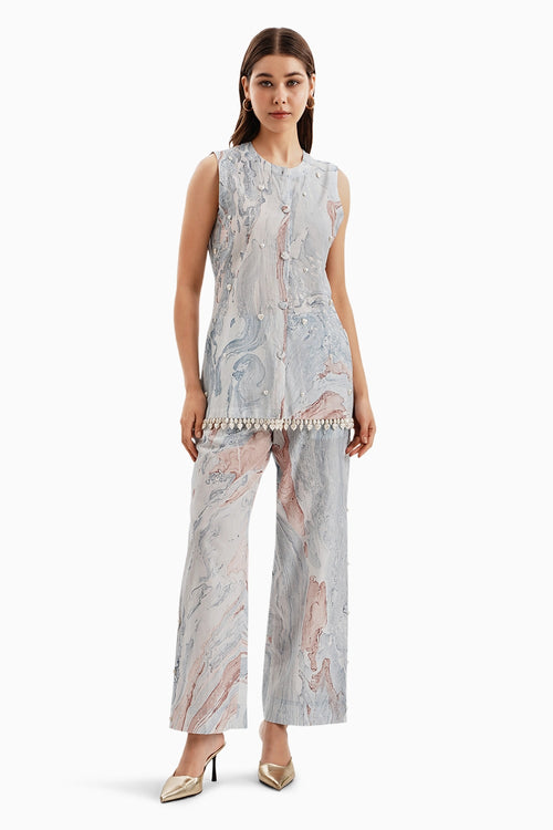 Cotton Pink Blue Marble Jacket and Pants Set