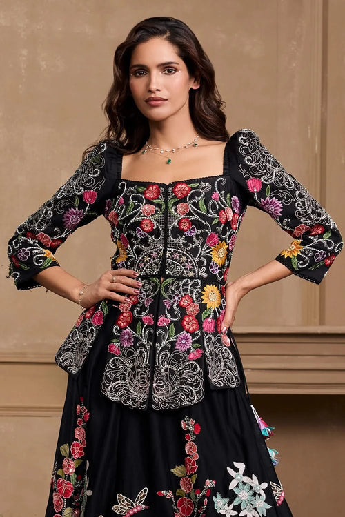 Black Floral Embroidered Panelled Jacket