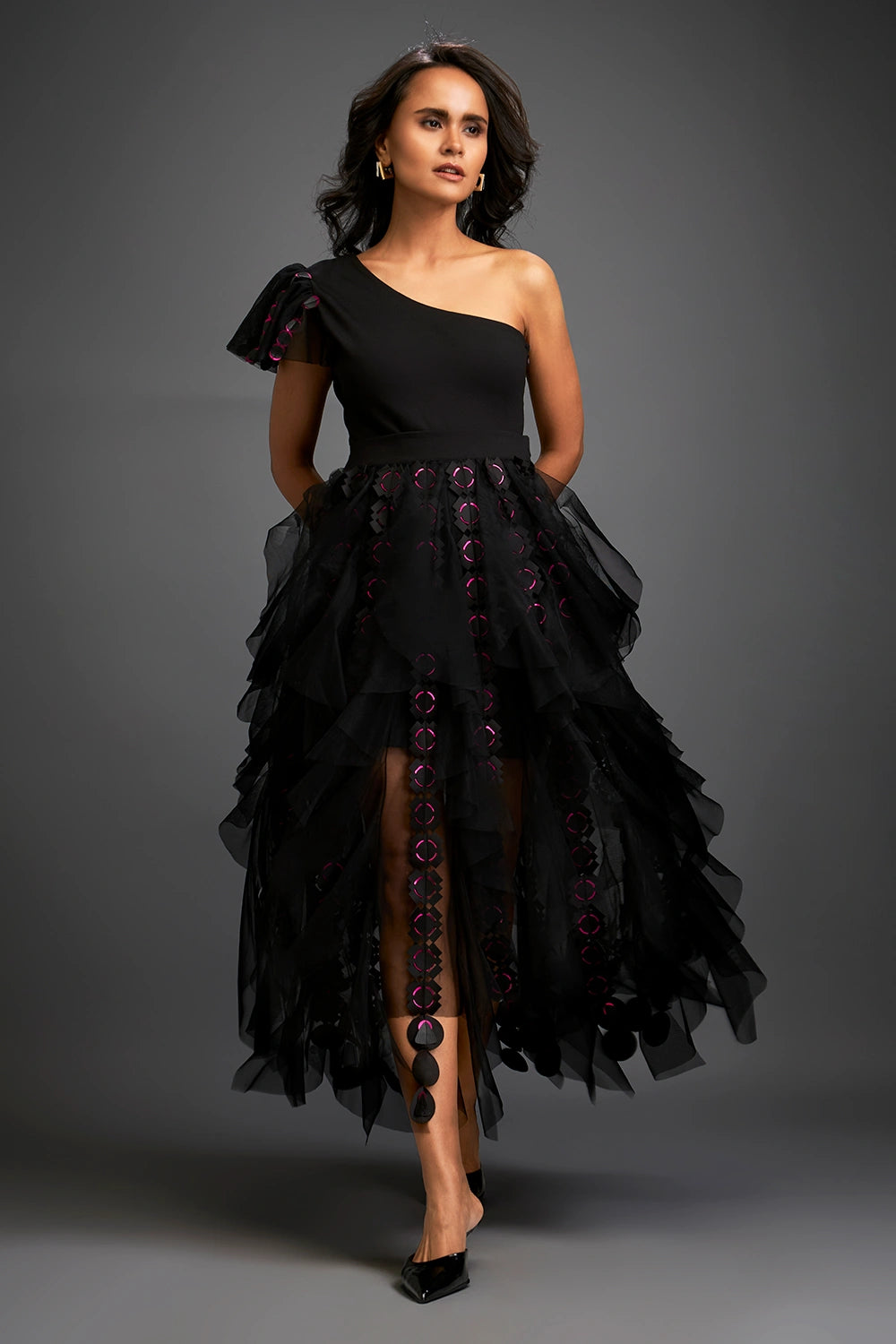 Shadow Black Top With Geometry Tulle Skirt