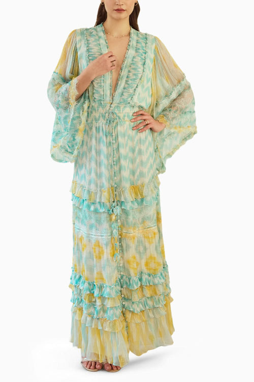 Front Open Ikat Printed Long Dress