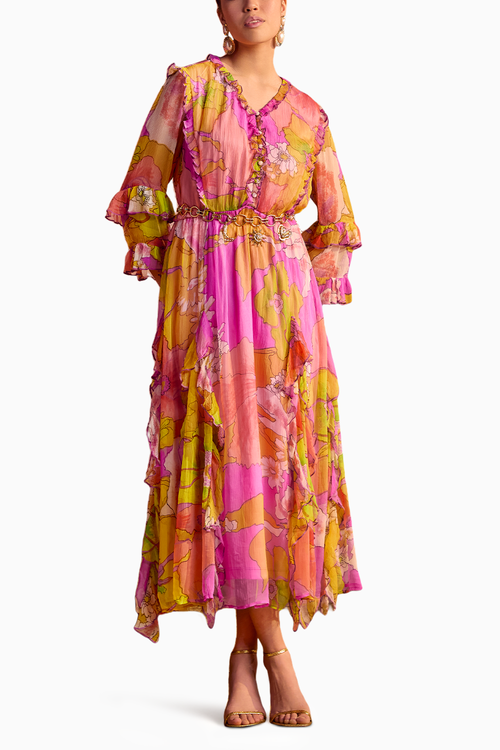 Ruffled Printed Midi Dress