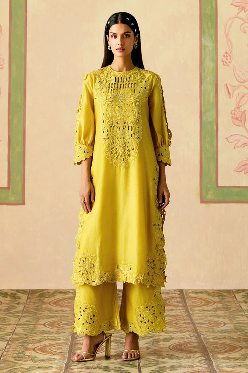 Yellow Cutwork and 3D Floral Kurta with Cutwork Pants