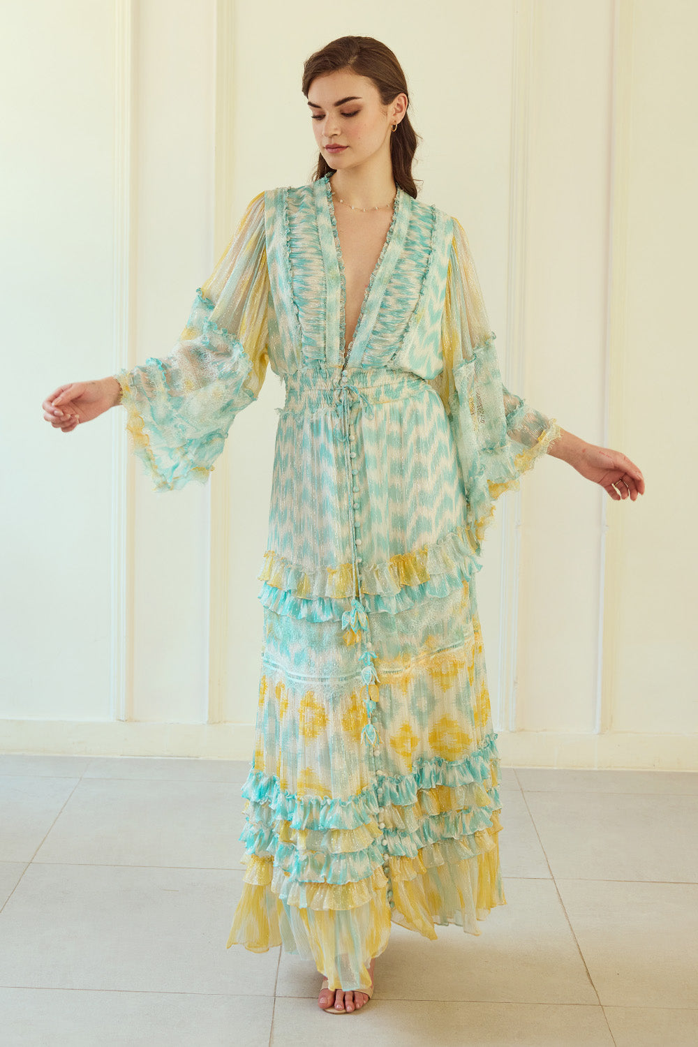 Front Open Ikat Printed Long Dress