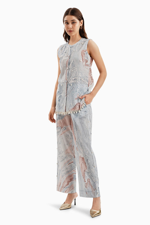 Cotton Pink Blue Marble Jacket and Pants Set