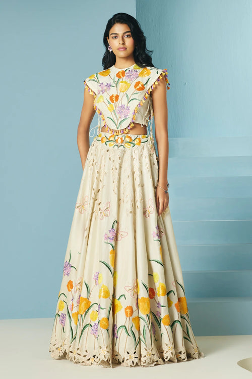 Ivory Tulip Cape Top With Lehenga