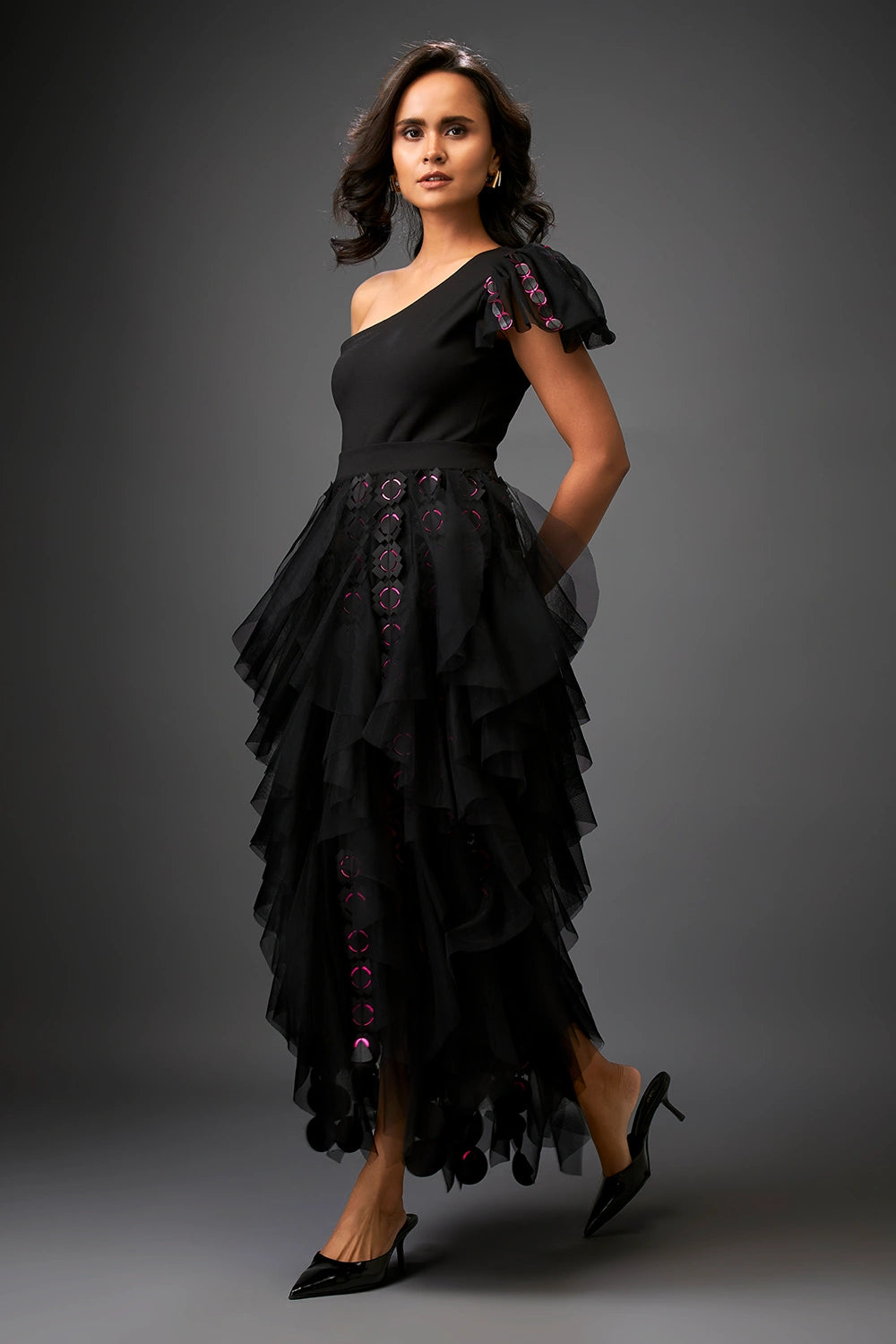 Shadow Black Top With Geometry Tulle Skirt