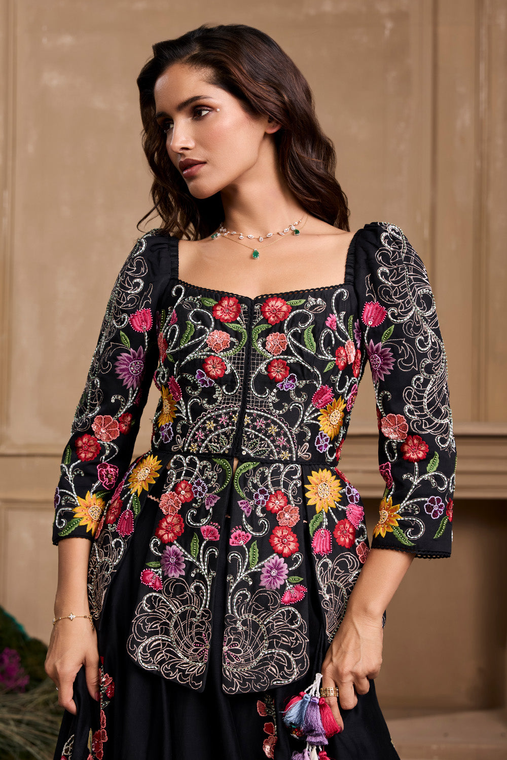 Black Floral Embroidered Panelled Jacket