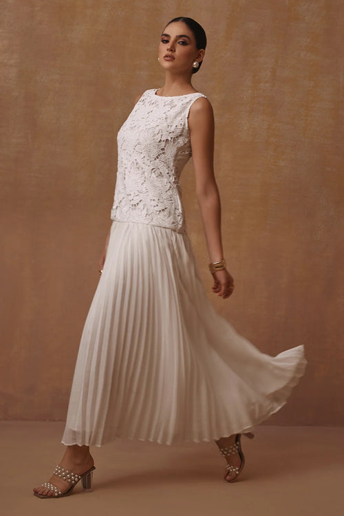 White Classic Lace and Georgette Maxi Dress