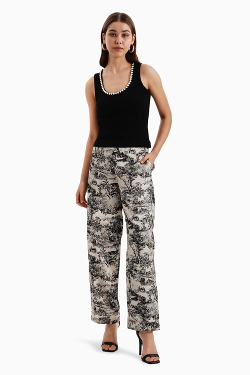 Black White Silk Jacquard Pants