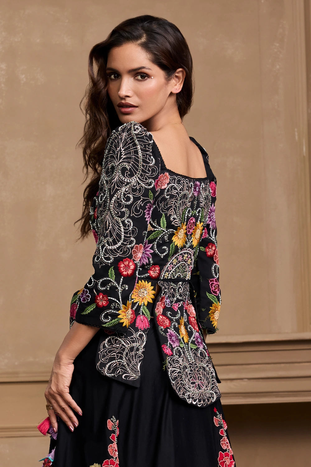 Black Floral Embroidered Panelled Jacket