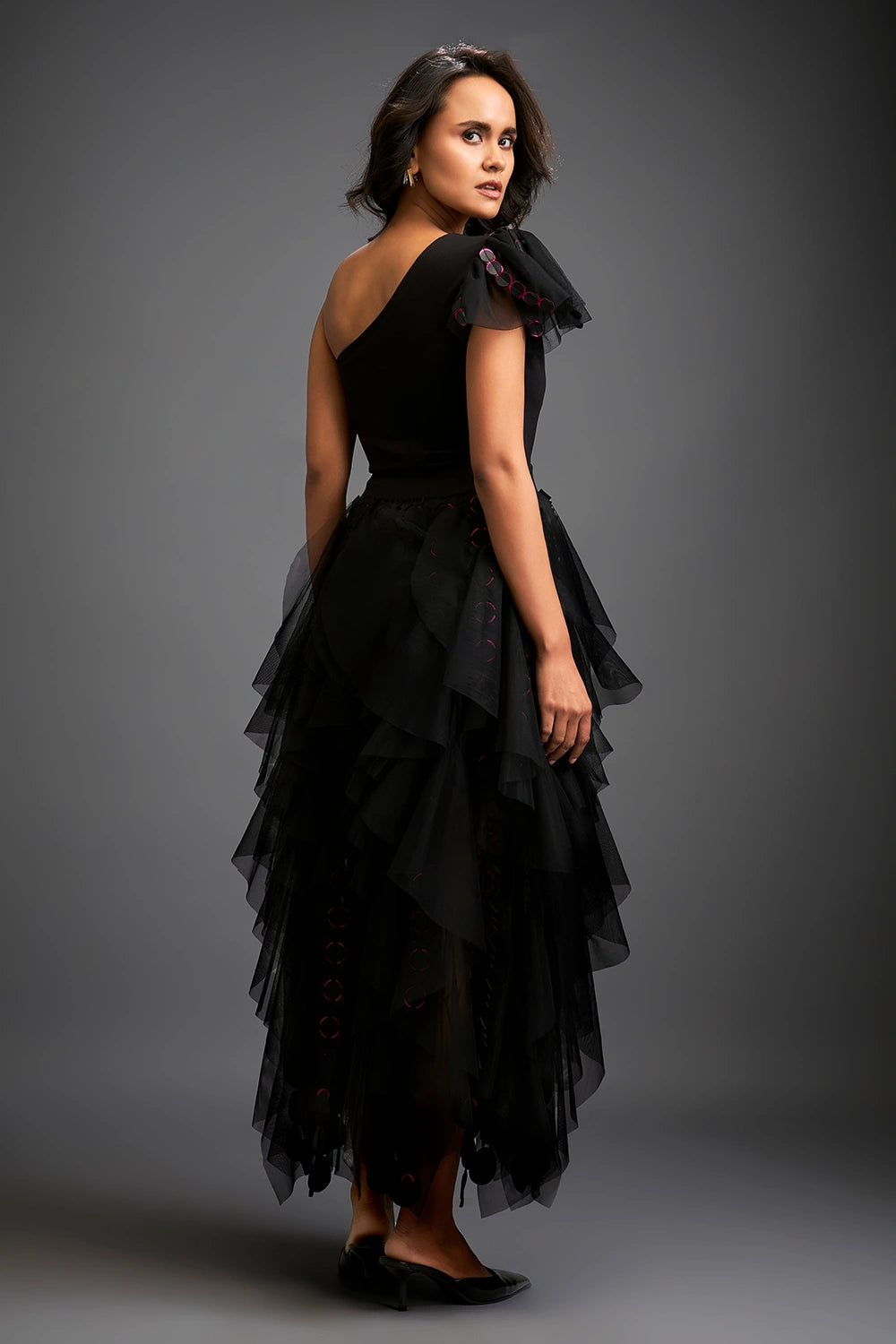 Shadow Black Top With Geometry Tulle Skirt