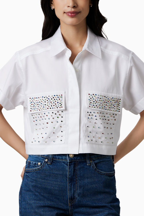 White Crop Shirt with Multicolor Swarovski Studs