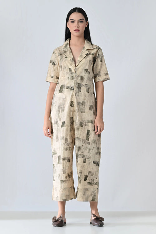 Beige Printed Relaxed Fit Jumpsuit
