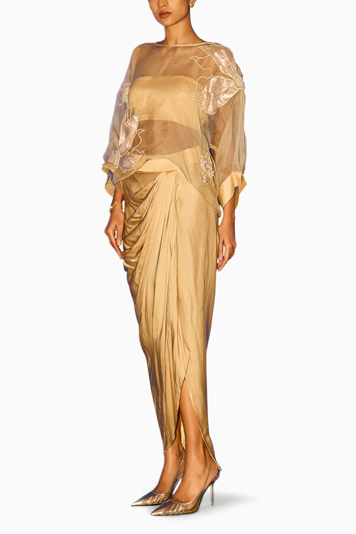 Embroidered Organza Kaftan with Bandeau and Dhoti Skirt