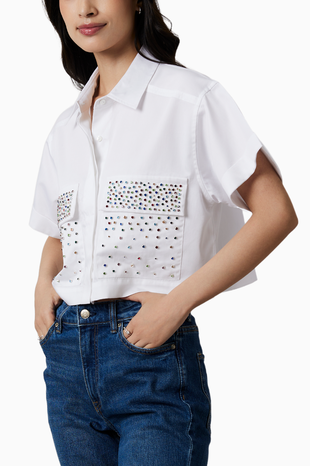 White Crop Shirt with Multicolor Swarovski Studs