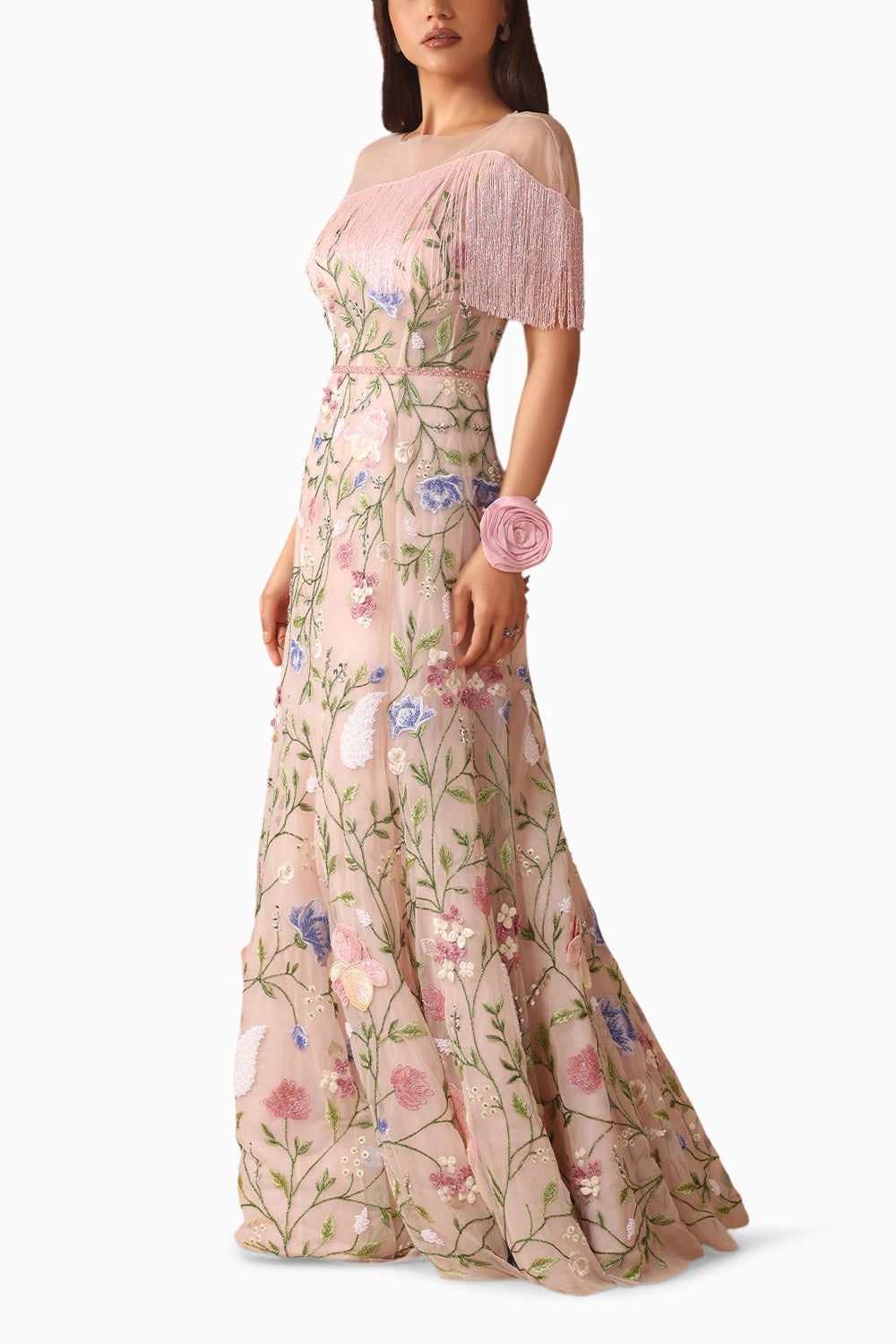 Floral Bridal Fringe Gown With Belt