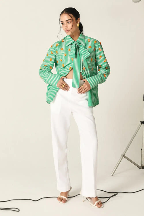 Ava Green-White Stripes Shirt