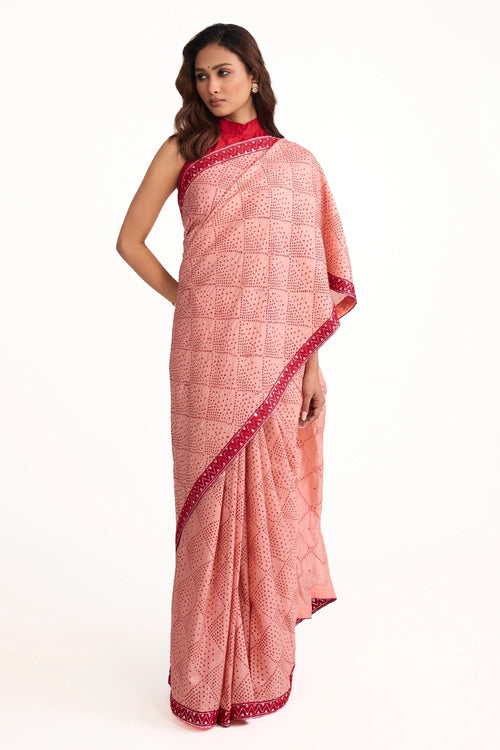 Pale Pink Silk Bandhani Saree