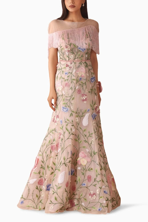Floral Bridal Fringe Gown With Belt