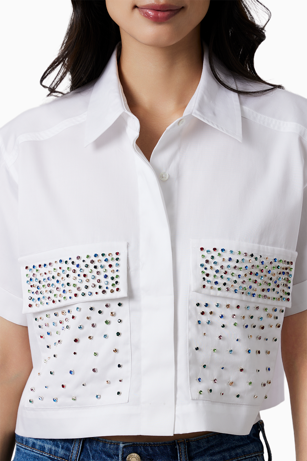 White Crop Shirt with Multicolor Swarovski Studs