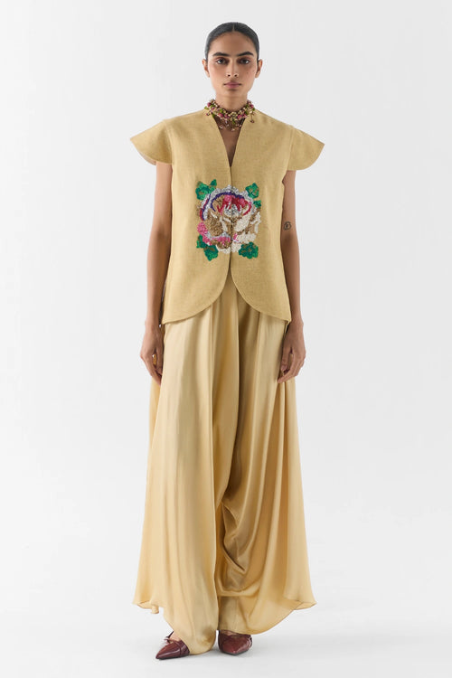 Gold Garden Rose Vest And Dhoti Pants Set