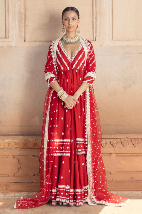 Red Three Line Embroidered Kurta with Lehenga and Dupatta