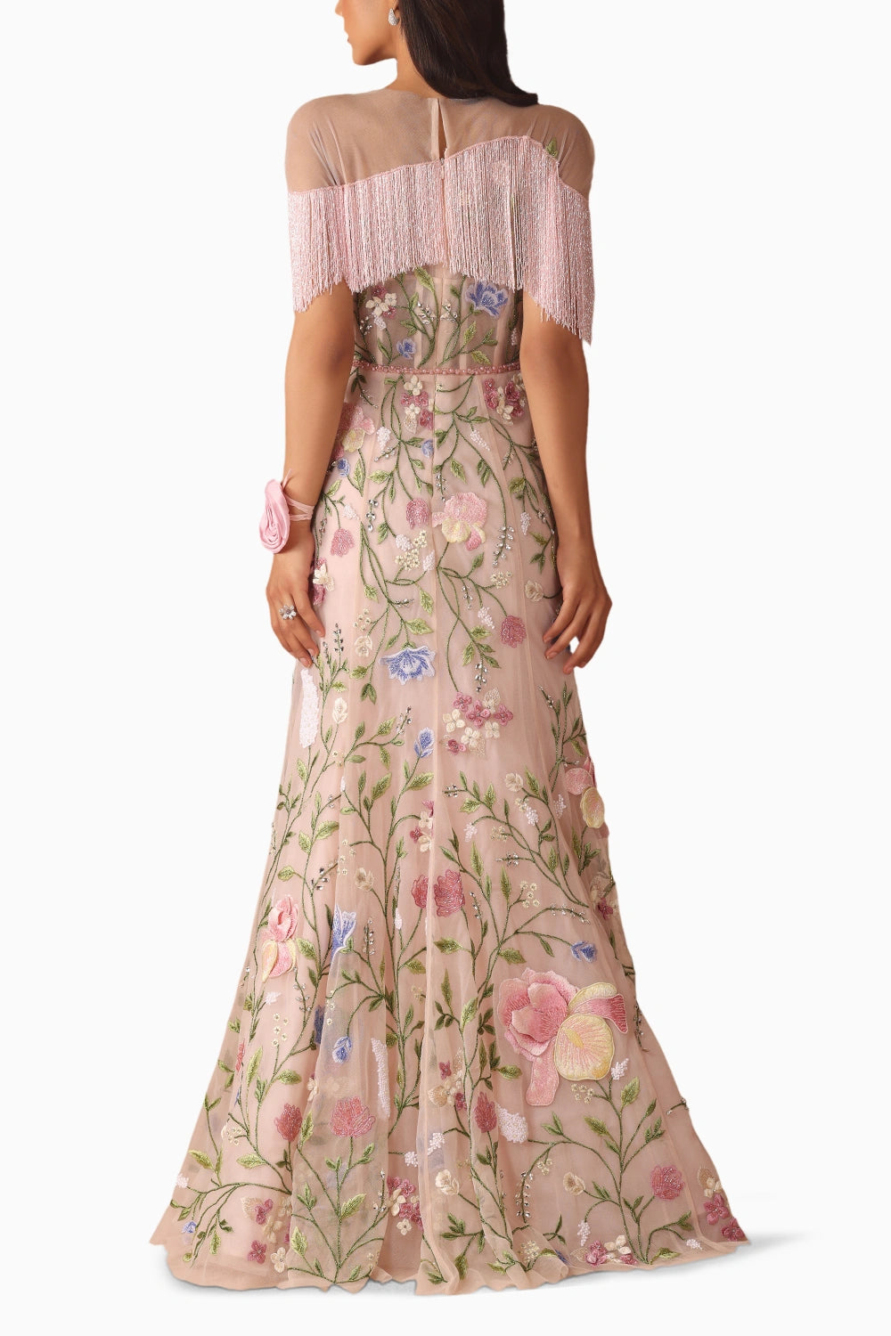 Floral Bridal Fringe Gown With Belt