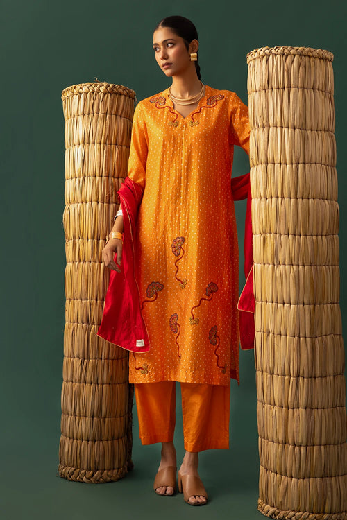Orange Bandhani Aari Suit Set