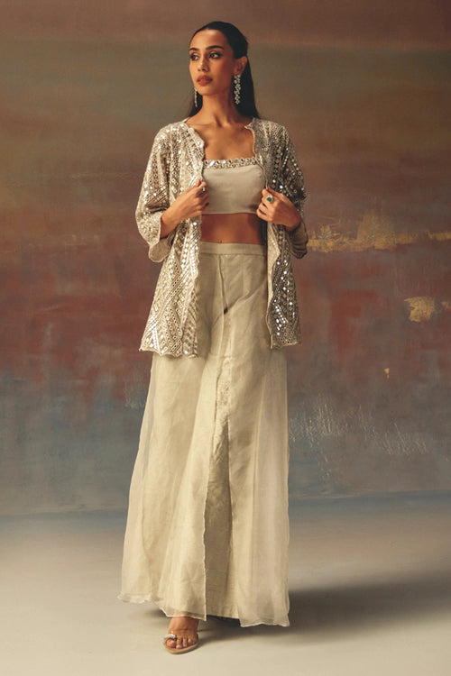 Silver Classic Scallop Jacket with Bandeau and Double Layered Palazzos