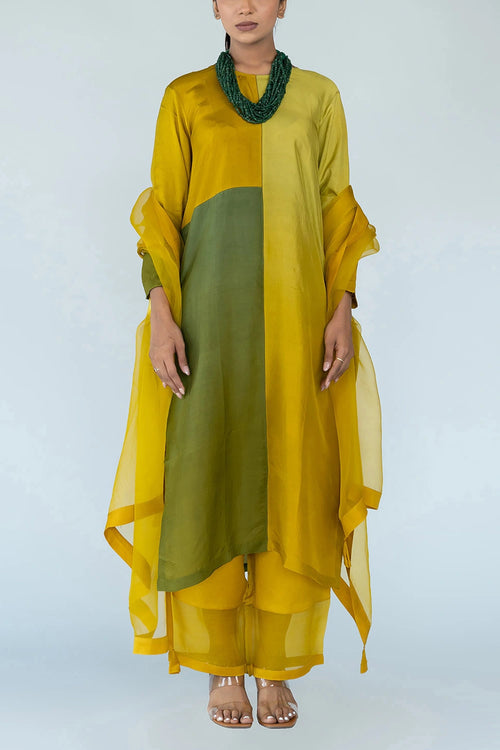 Sage Mustard Ombre Color Block Kurta Set