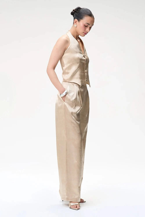 Champagne Halter Waistcoat With Gold Buttons and Trouser With Pleats