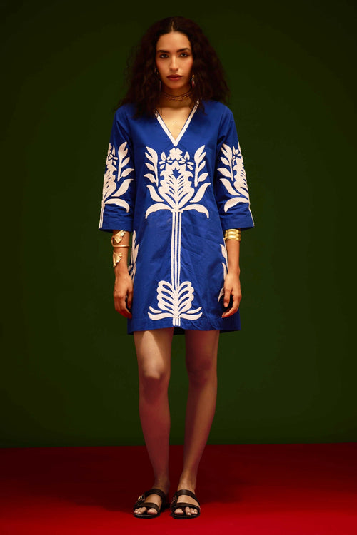 Blue Shift Dress with Ivory Tulip Thread Embroidery