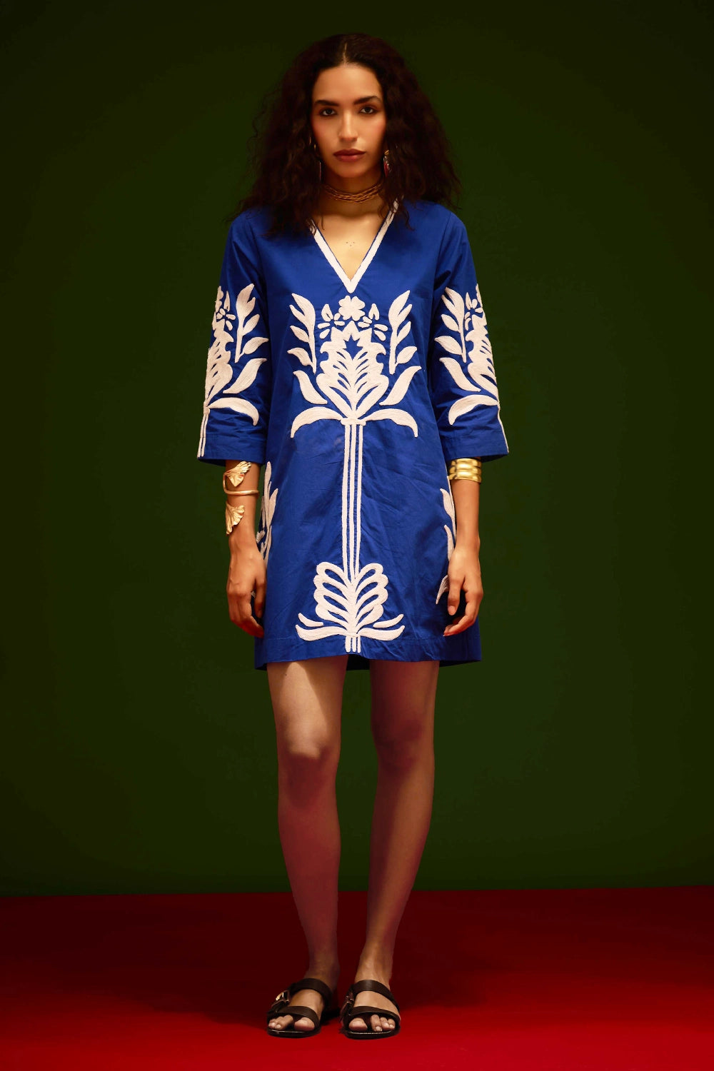 Blue Shift Dress with Ivory Tulip Thread Embroidery