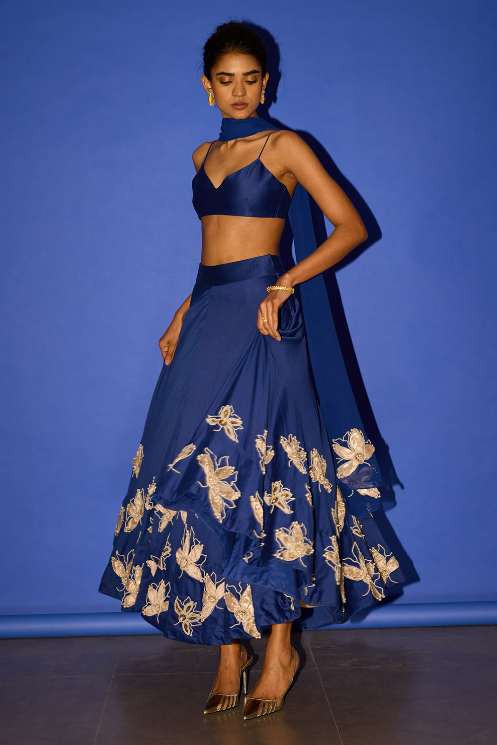 Embroidered Blue Lehenga with Bralette 
and Organza Dupatta