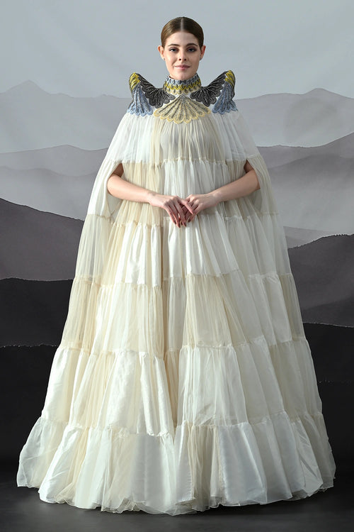 Ivory Dress Featuring Hand-Embroidered High Neck