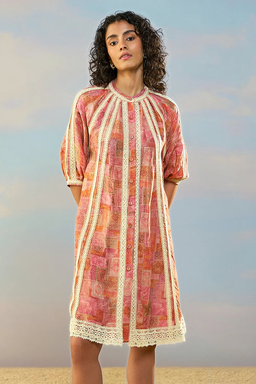 Printed Linen-Lace Dress