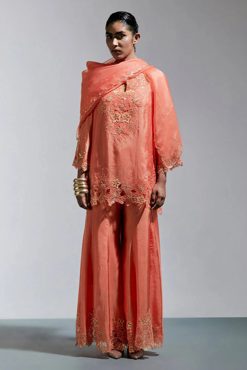 Vermilion Scalloped Organza Dupatta