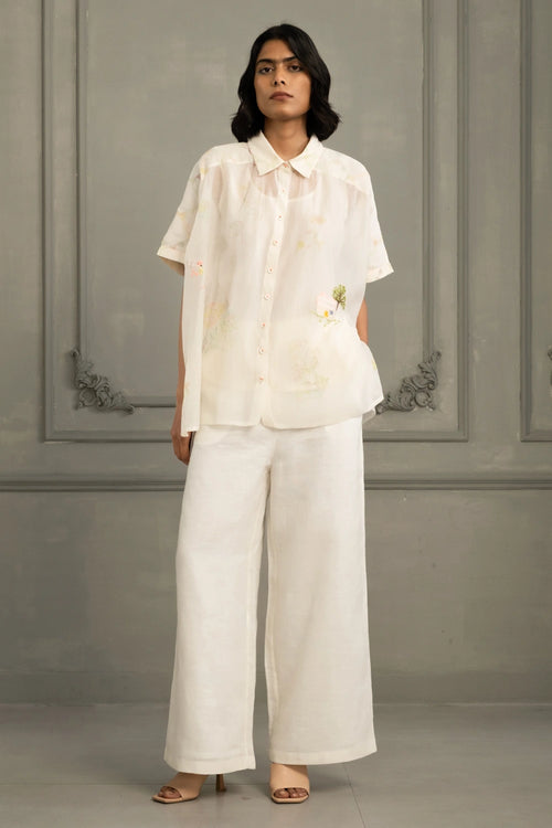 Ivory Embroidered Mul Chanderi Shirt And Linen Pants Ensemble