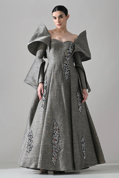 Grey Gown With Embellished Panels