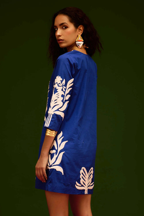 Blue Shift Dress with Ivory Tulip Thread Embroidery