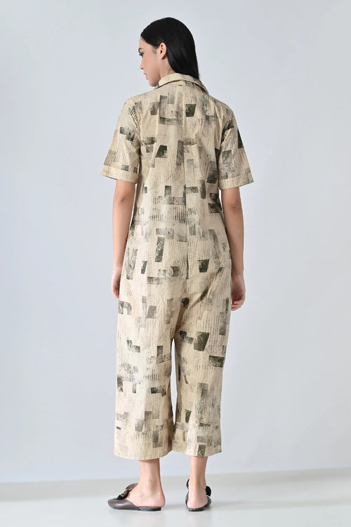 Beige Printed Relaxed Fit Jumpsuit