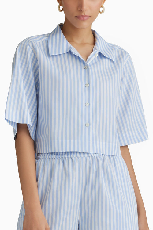 Blue Striped Cropped Bowling Shirt