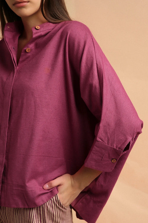 Mauve Oversized Ret Shirt And Beige Striped PL Shorts Set