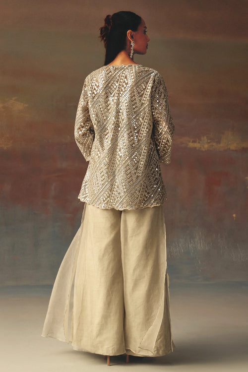 Silver Classic Scallop Jacket with Bandeau and Double Layered Palazzos