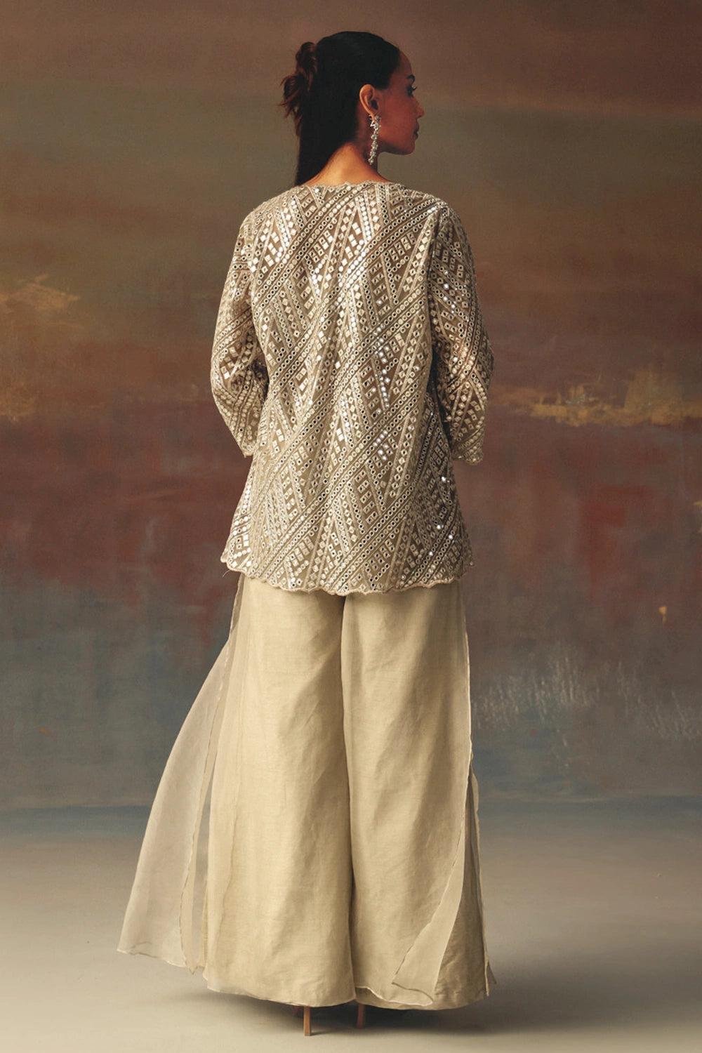 Silver Classic Scallop Jacket with Bandeau and Double Layered Palazzos
