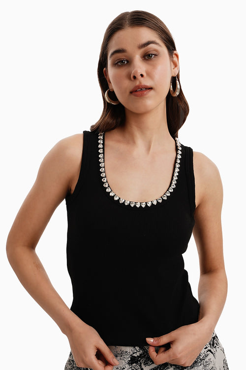 Rib Cotton Black Tank Top with Crystal Heart Neckline