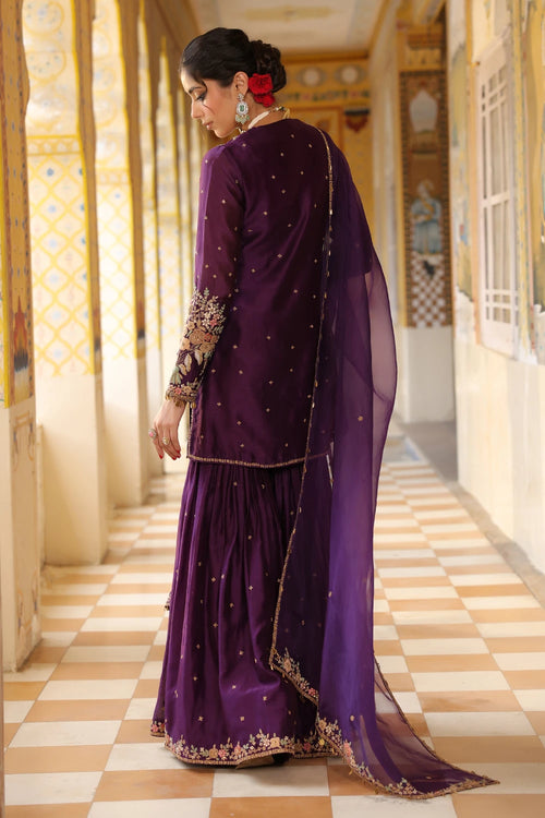 Ahista Purple Mayur Applique Heavy Sharara Set
