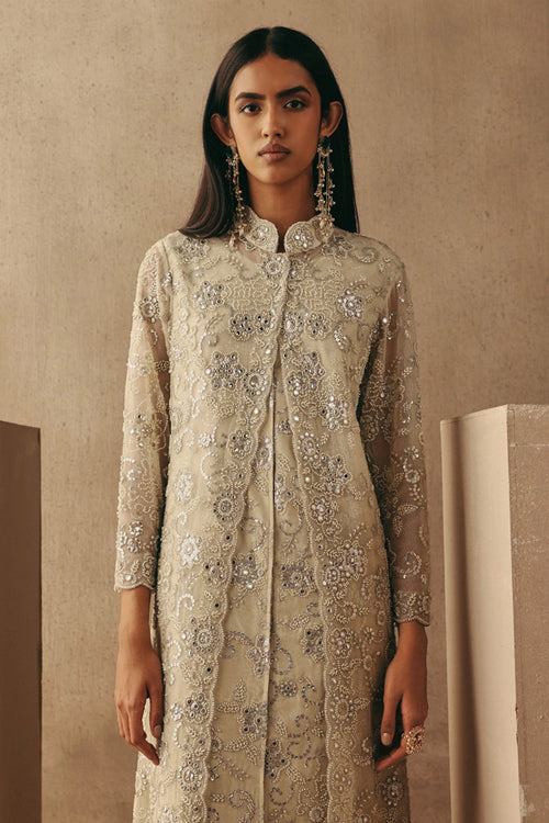 Natural Mirrorwork Layered Dress Jacket with Brocade Cigarette Pants
